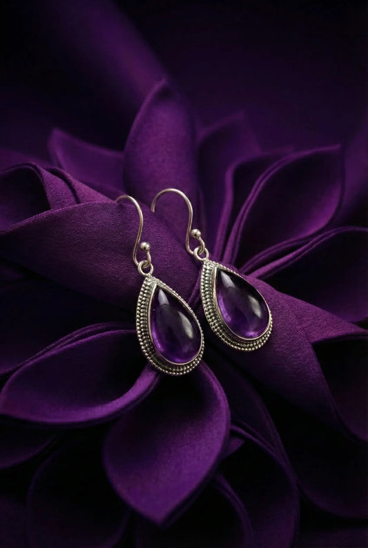 Natural Amethyst Cabochon Earrings – 925 Sterling Silver Teardrop Dangle | Vintage Boho Style