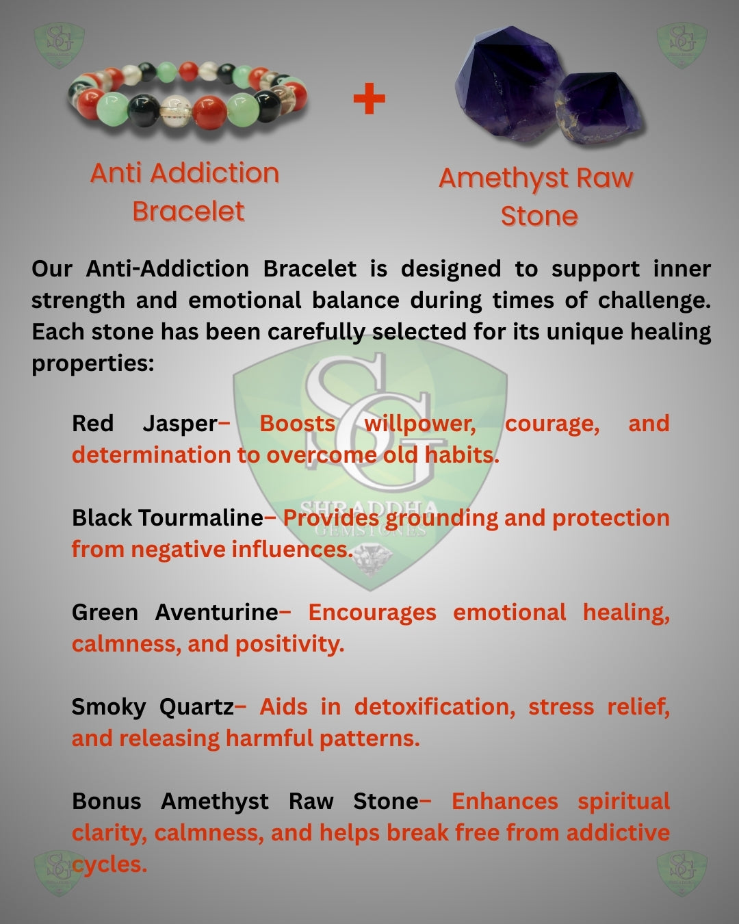 Anti-Addiction Bracelet with Amethyst Raw Stone, Red Jasper, Black Tourmaline, Green Aventurine & Smoky Quartz – Healing Crystal for Detox, Strength & Emotional Balance