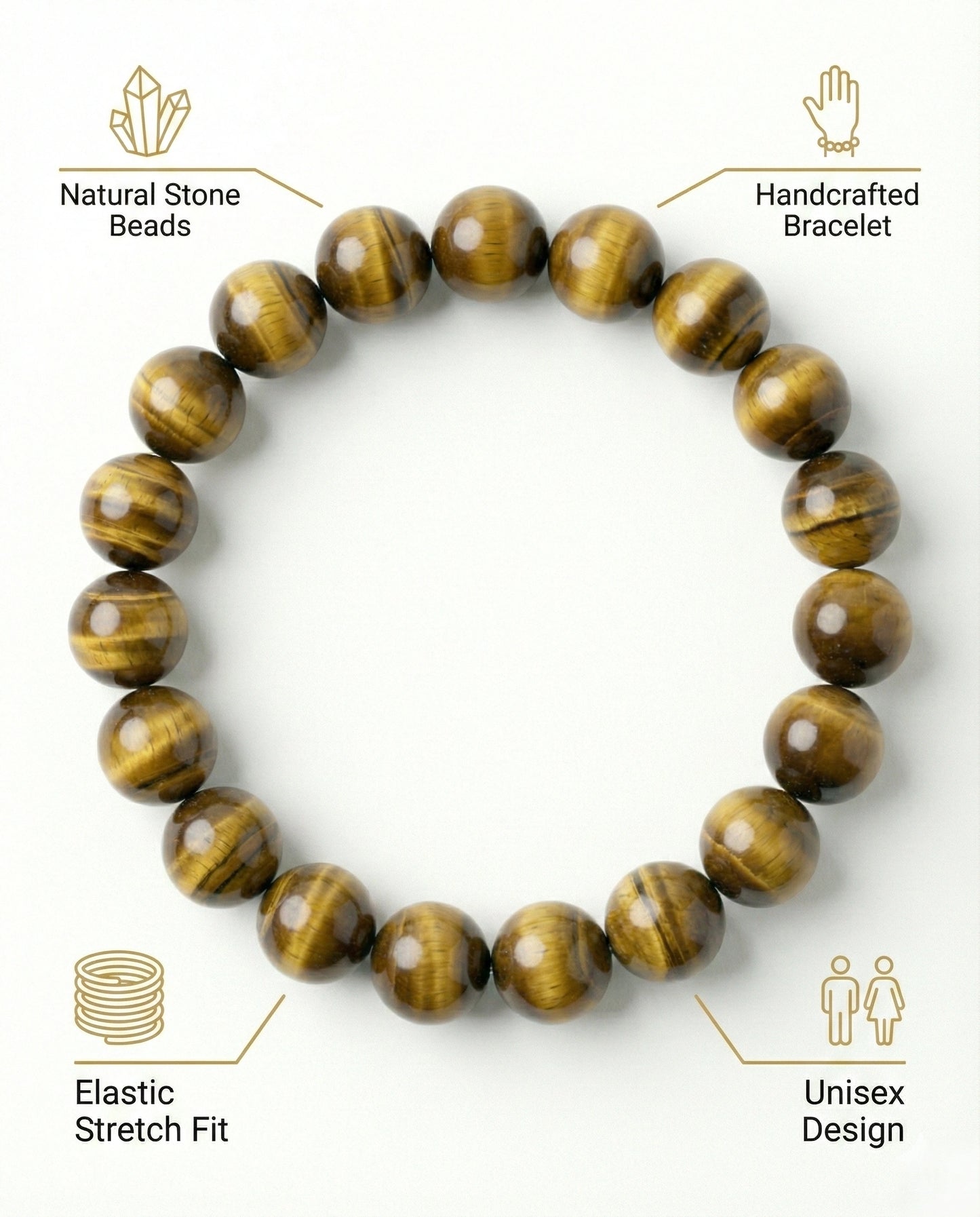 Natural Tiger Eye beaded bracelet featuring 8mm golden-brown chatoyant stones on white background.
