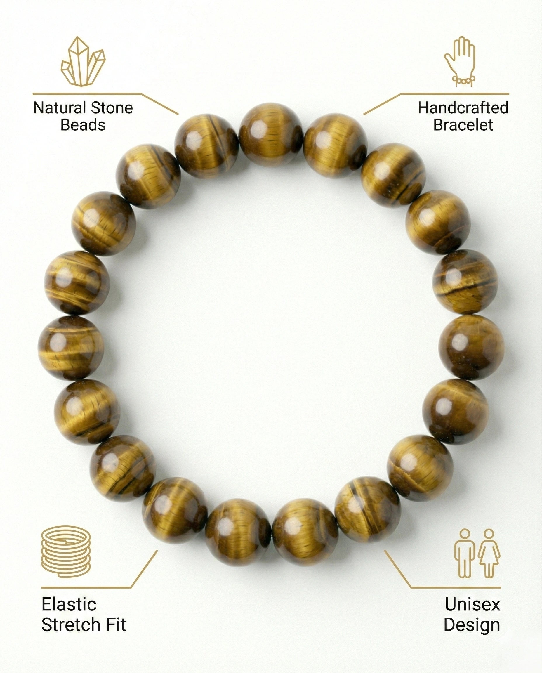 Natural Tiger Eye beaded bracelet featuring 8mm golden-brown chatoyant stones on white background.
