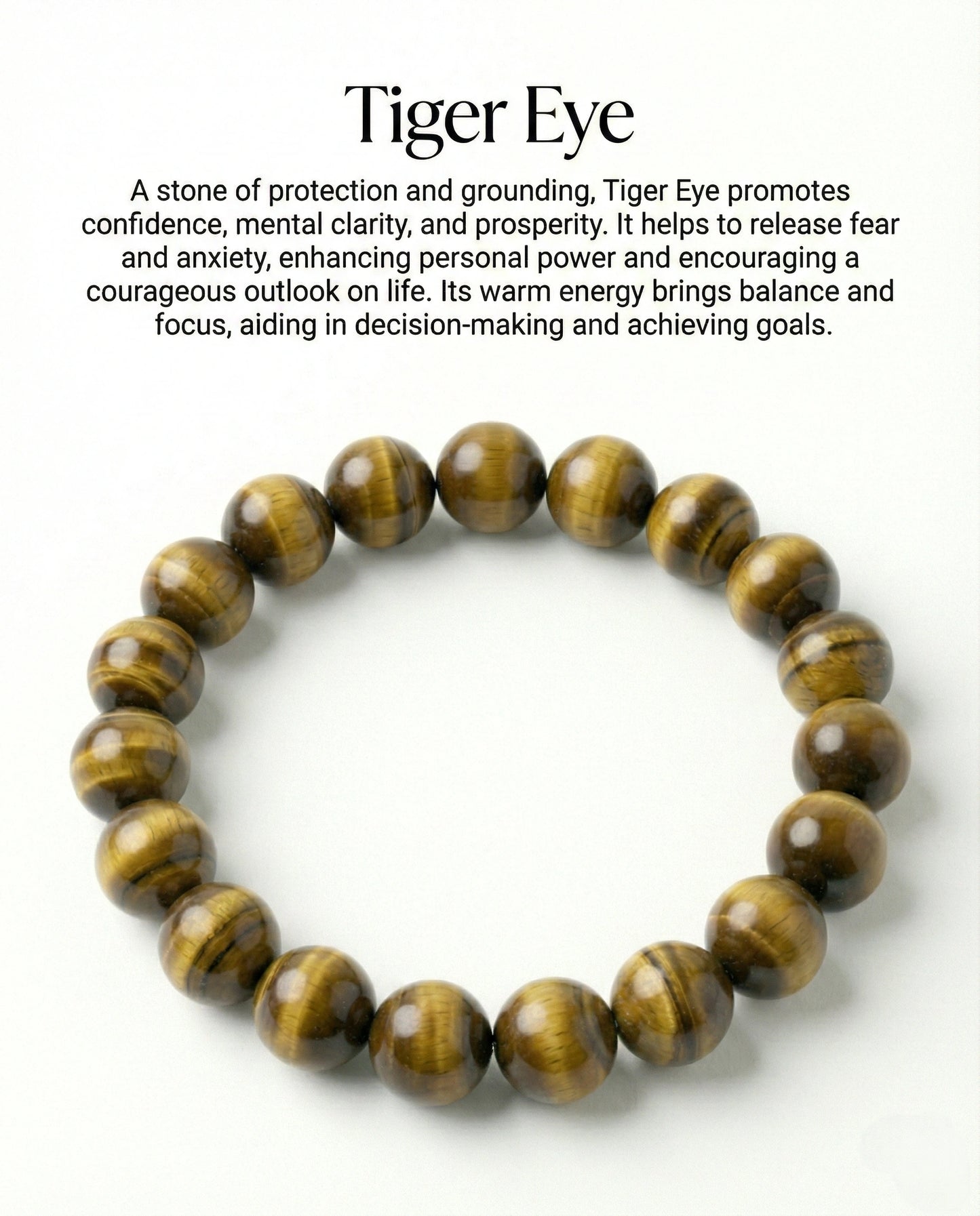 Natural Tiger Eye beaded bracelet featuring 8mm golden-brown chatoyant stones on white background.