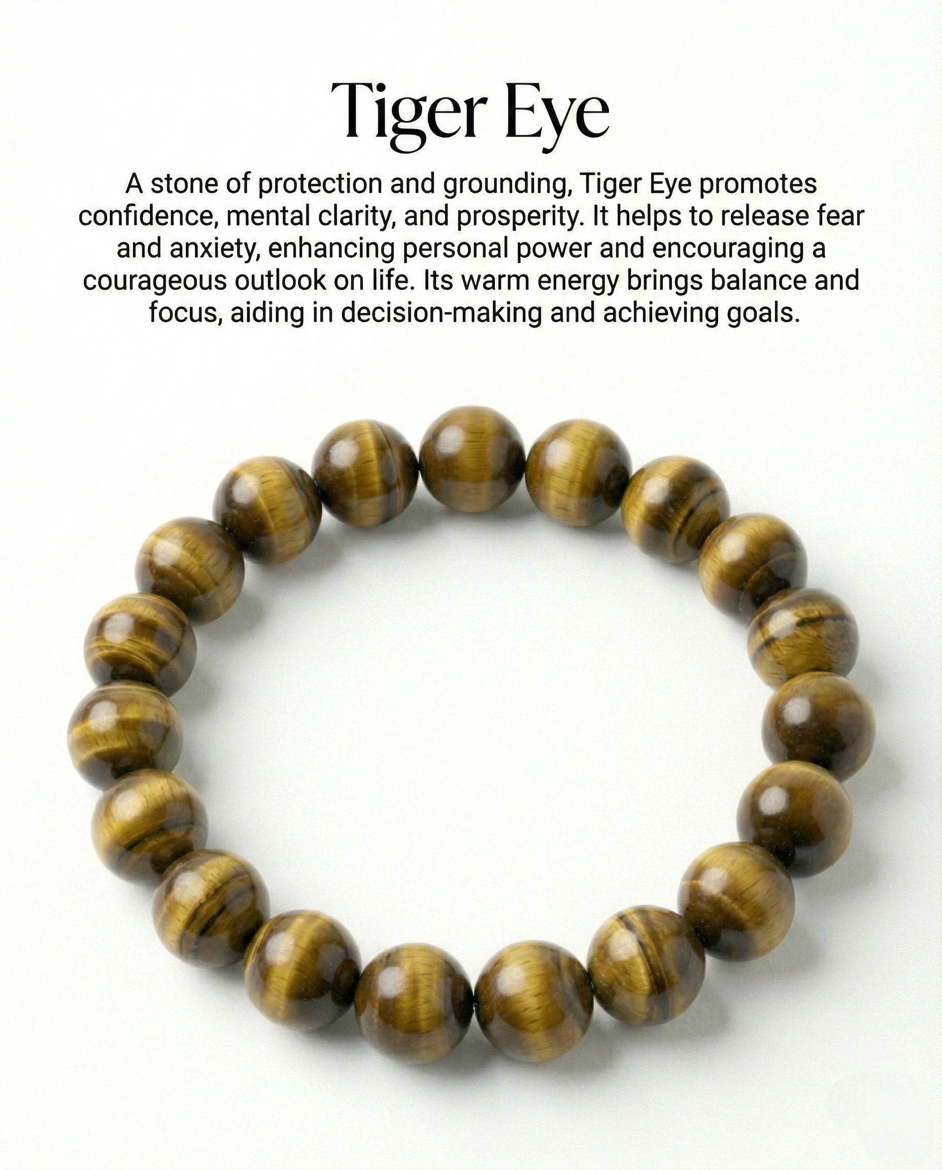 Natural Tiger Eye beaded bracelet featuring 8mm golden-brown chatoyant stones on white background.