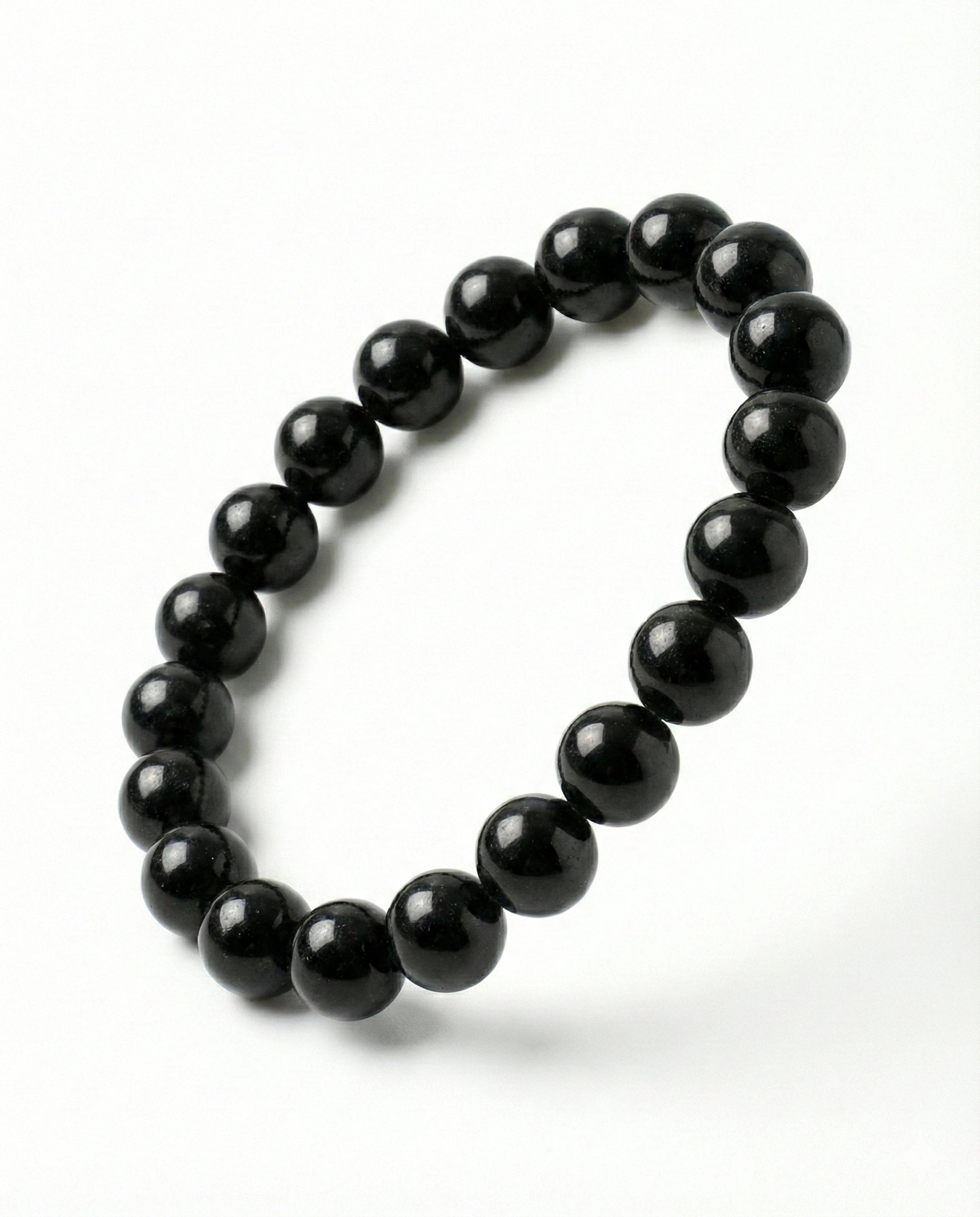 Natural Black Obsidian beaded bracelet featuring shiny 8mm black stones on white background.