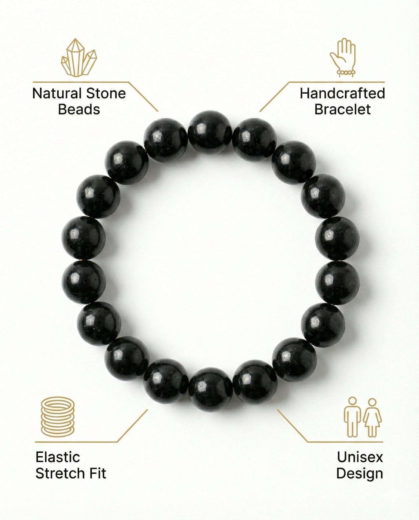 Natural Black Obsidian beaded bracelet featuring shiny 8mm black stones on white background.