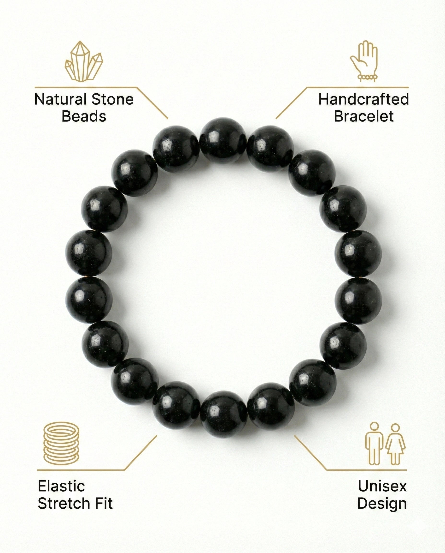 Natural Black Obsidian beaded bracelet featuring shiny 8mm black stones on white background.