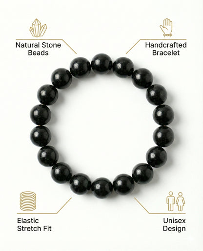 Natural Black Obsidian beaded bracelet featuring shiny 8mm black stones on white background.
