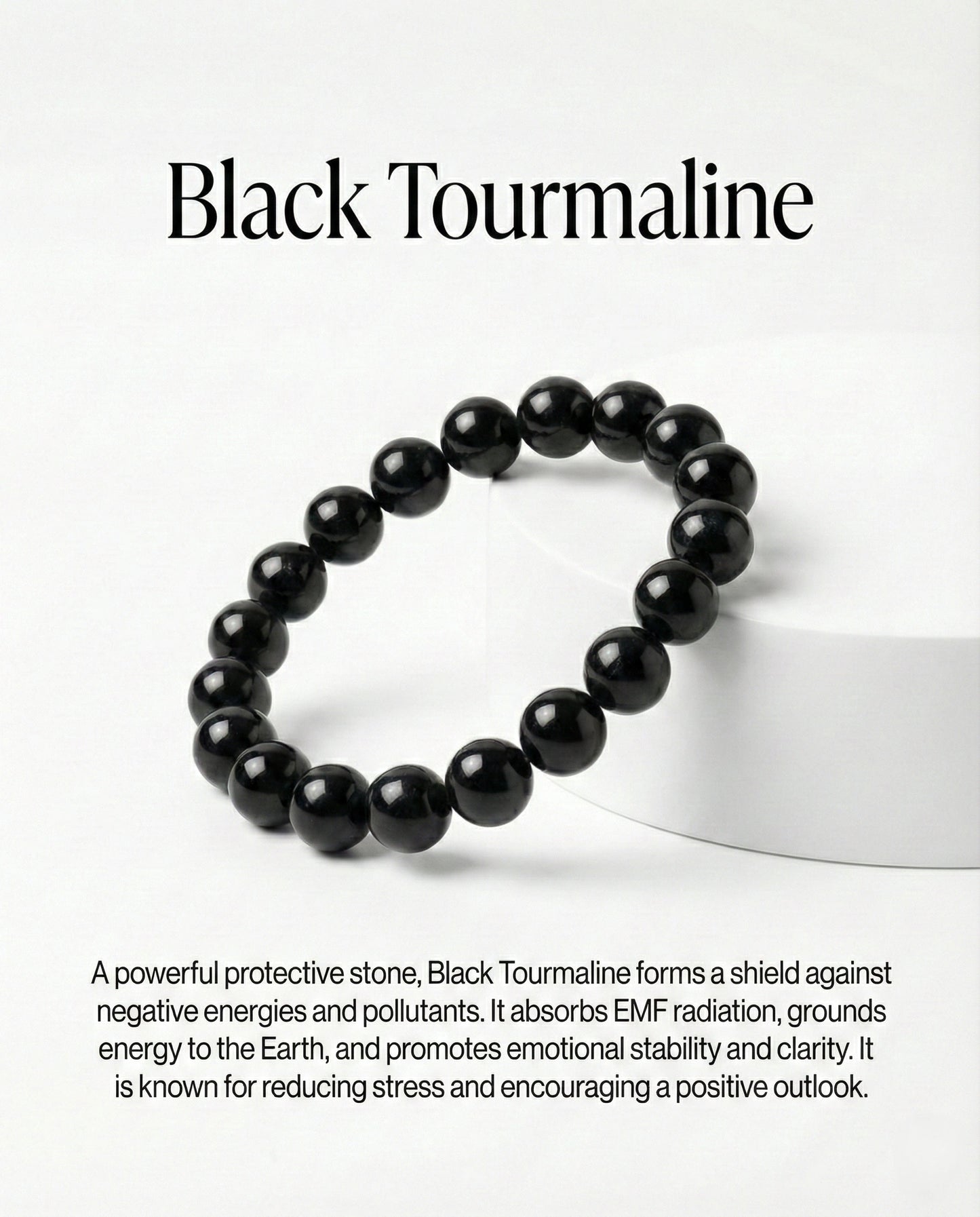 Natural Black Obsidian beaded bracelet featuring shiny 8mm black stones on white background.