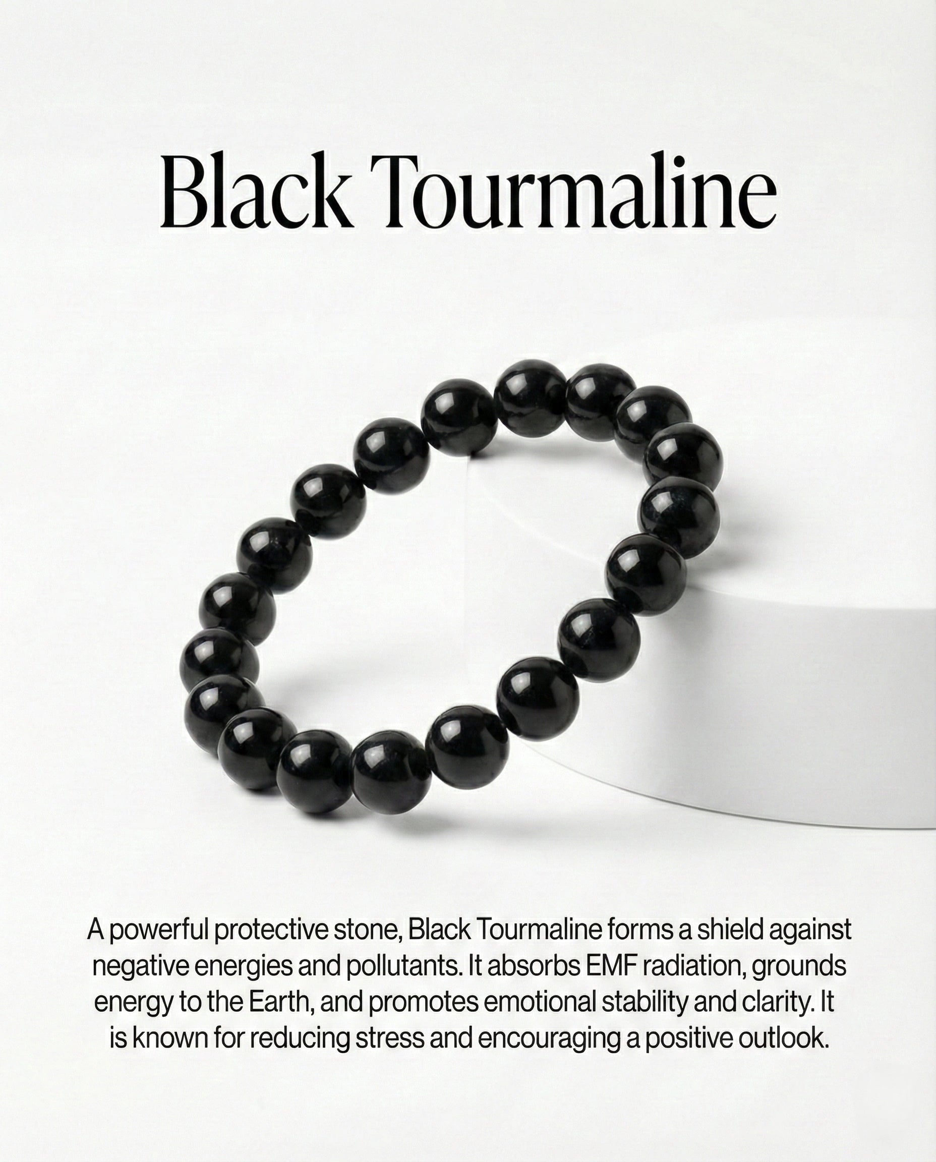 Natural Black Obsidian beaded bracelet featuring shiny 8mm black stones on white background.
