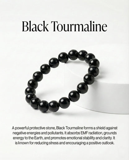 Natural Black Obsidian beaded bracelet featuring shiny 8mm black stones on white background.