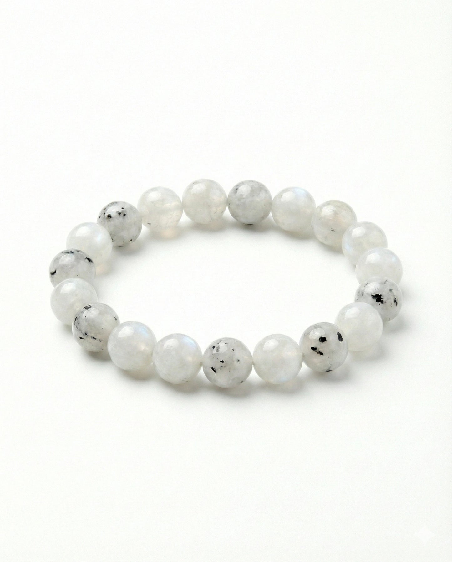Natural Rainbow Moonstone beaded bracelet featuring 8mm white stones with black tourmaline inclusions on white background.