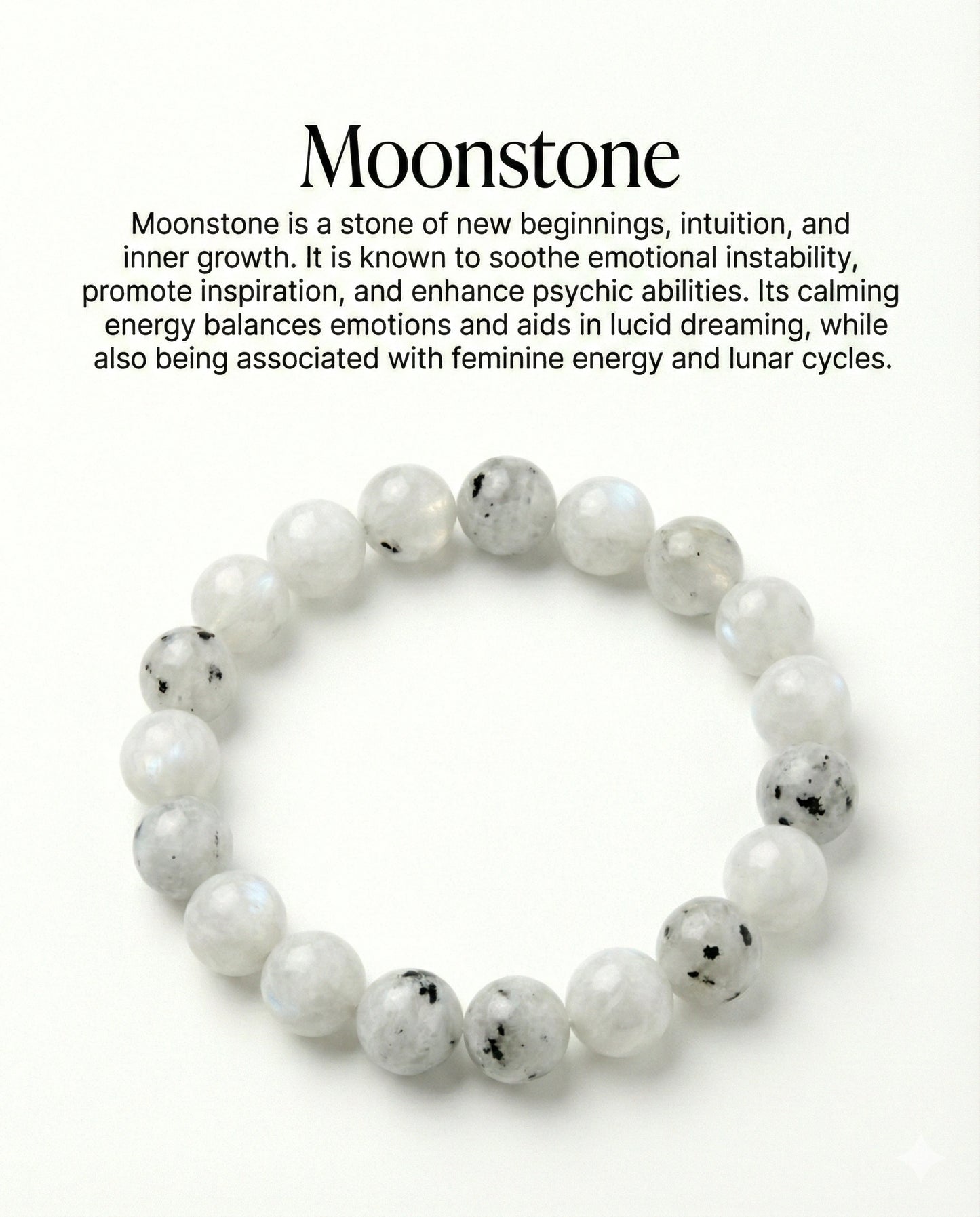 Natural Rainbow Moonstone beaded bracelet featuring 8mm white stones with black tourmaline inclusions on white background.