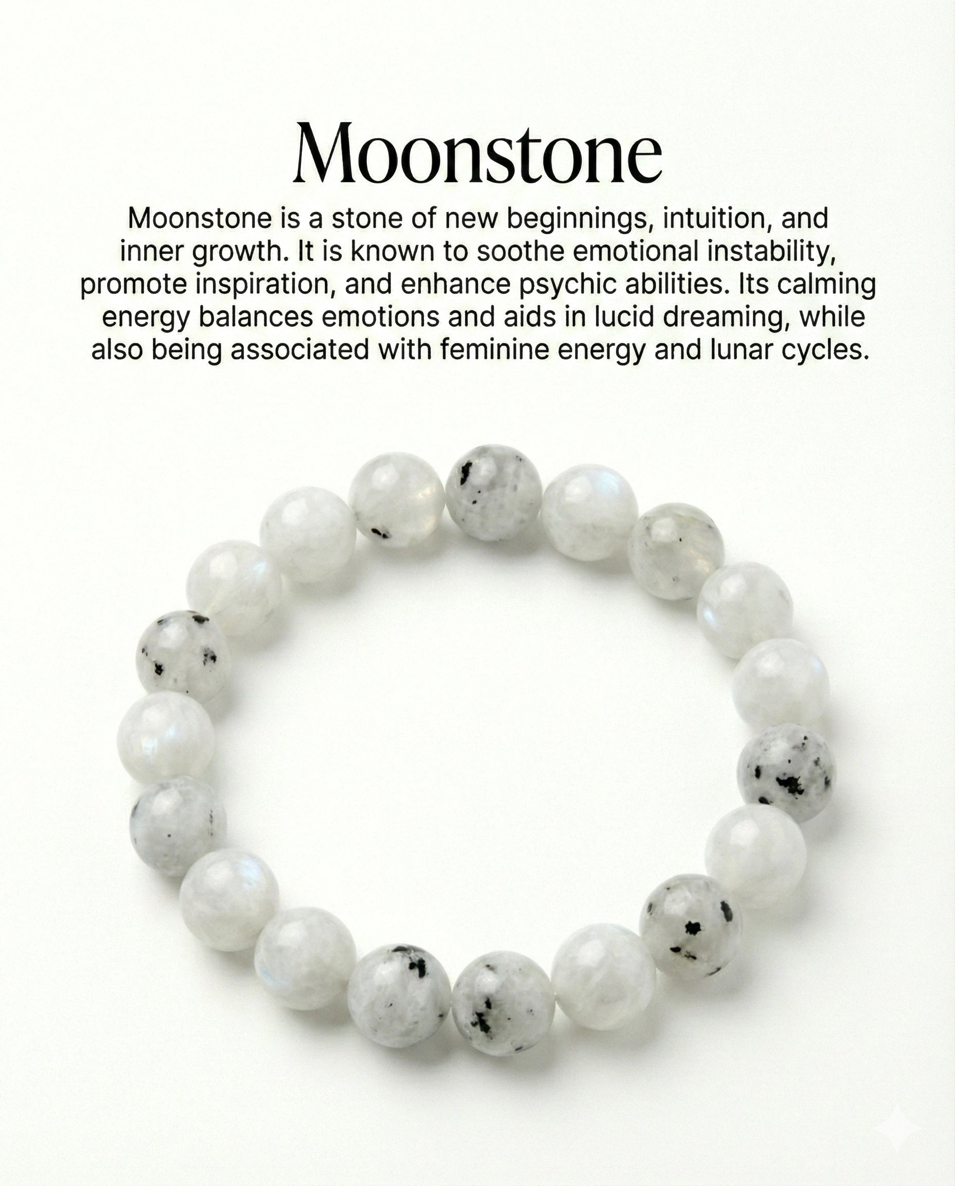 Natural Rainbow Moonstone beaded bracelet featuring 8mm white stones with black tourmaline inclusions on white background.