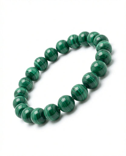 Natural Malachite beaded bracelet featuring 8mm green banded stones on white background.