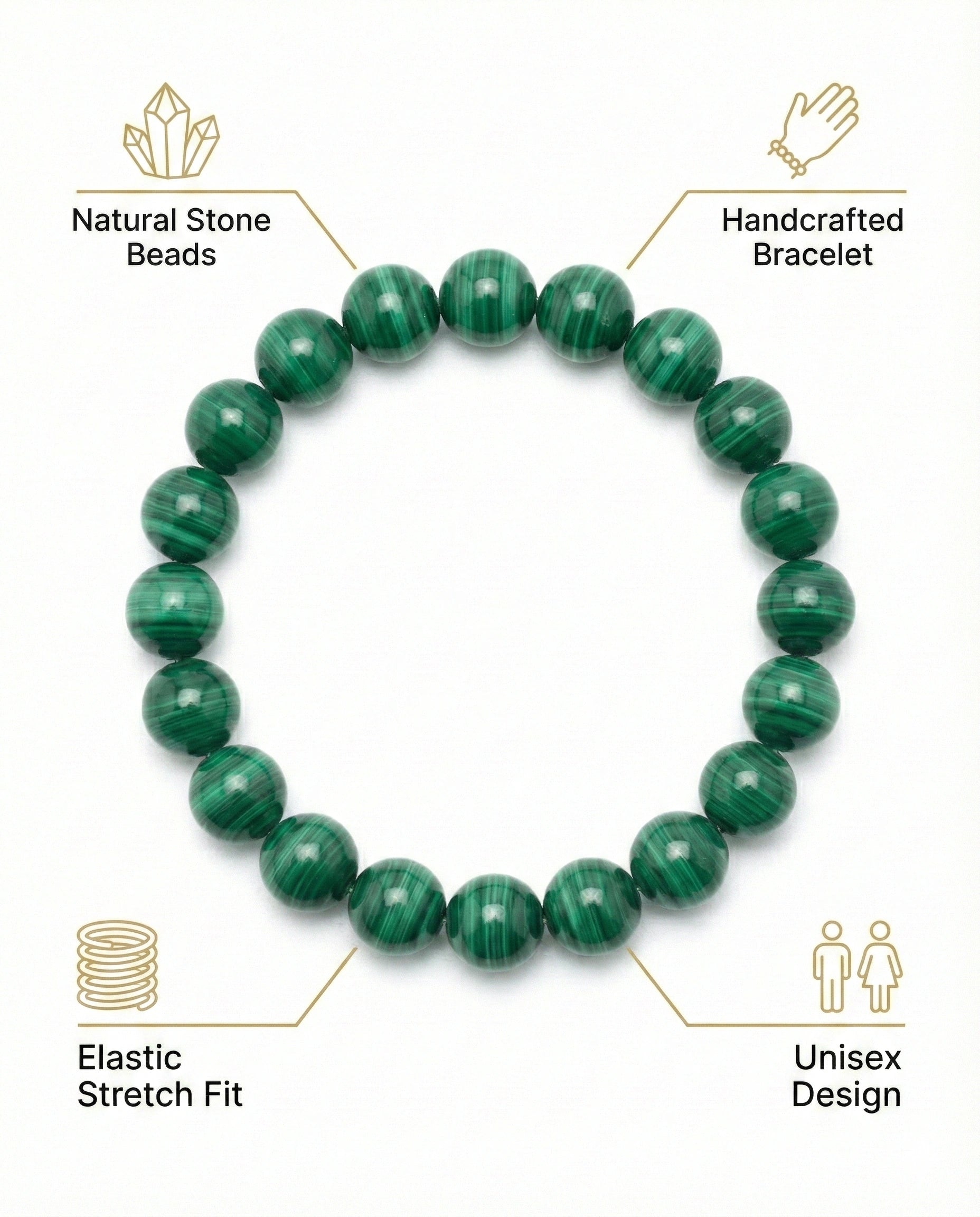 Natural Malachite beaded bracelet featuring 8mm green banded stones on white background.