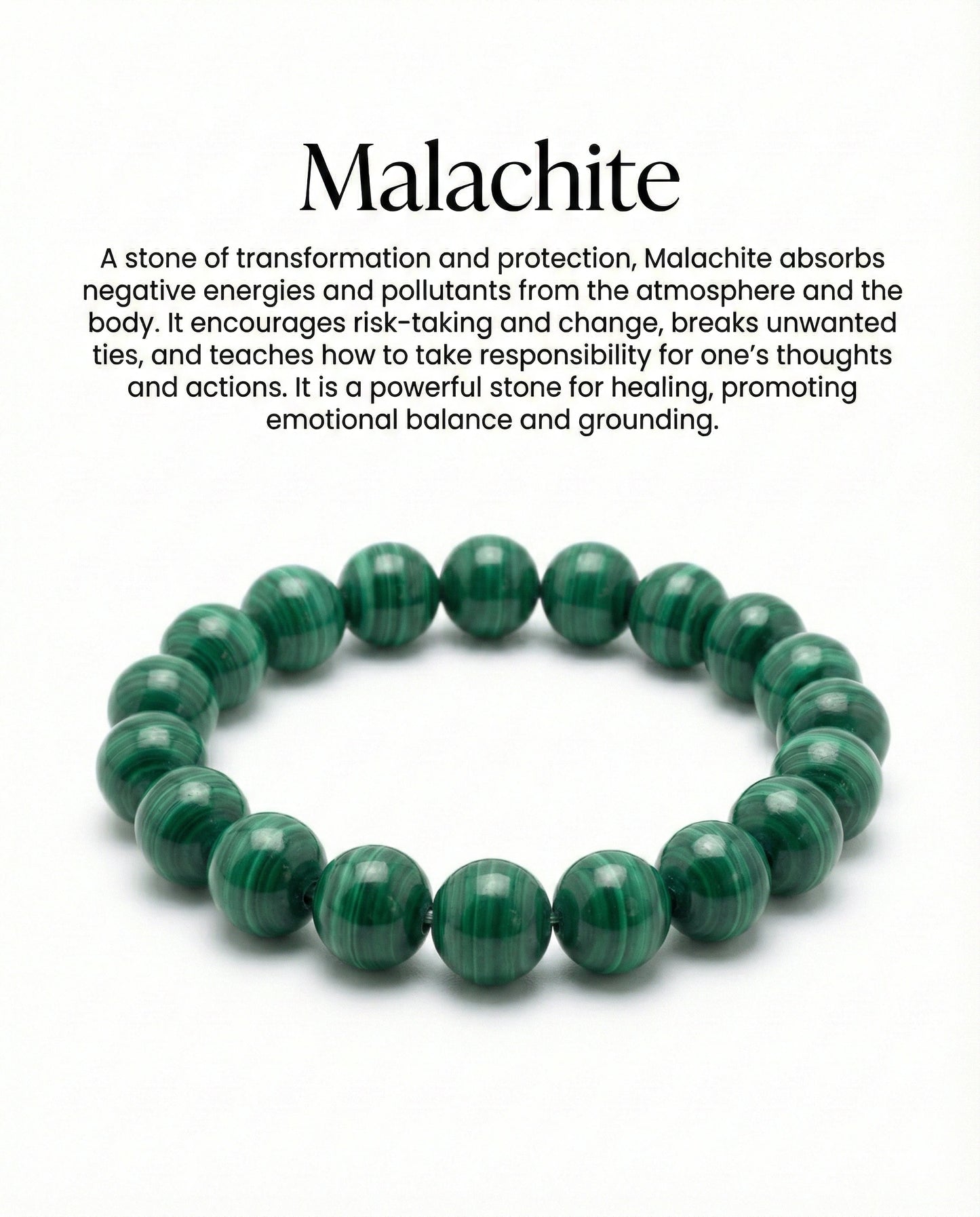 Natural Malachite beaded bracelet featuring 8mm green banded stones on white background.
