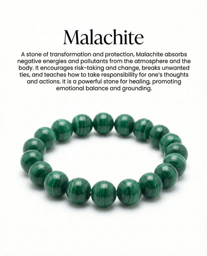 Natural Malachite beaded bracelet featuring 8mm green banded stones on white background.