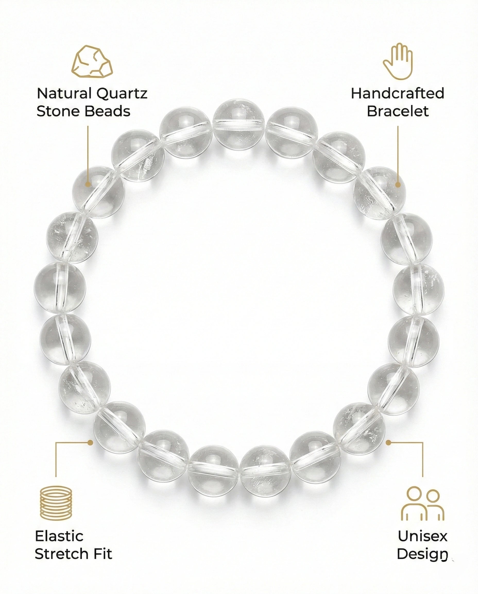 Natural Clear Quartz beaded bracelet with transparent round gemstones on black background.
