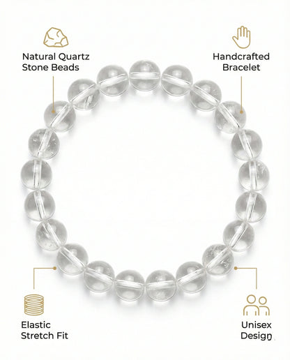 Natural Clear Quartz beaded bracelet with transparent round gemstones on black background.