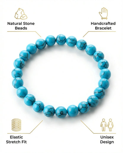 Natural Turquoise beaded bracelet featuring 8mm blue stones with black veining on white background.