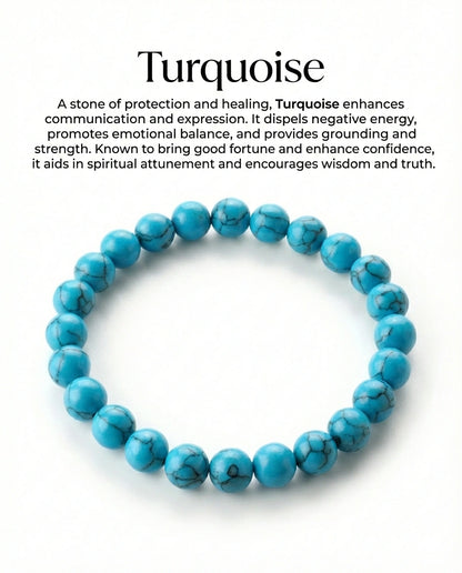 Natural Turquoise beaded bracelet featuring 8mm blue stones with black veining on white background.