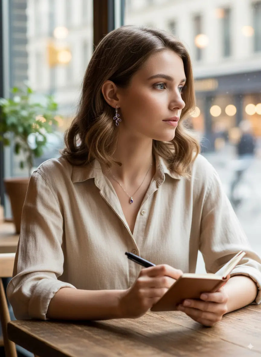 Smooth Amethyst cabochon teardrop earrings with silver beaded border on purple background