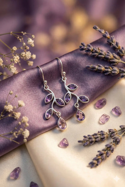 Natural Amethyst Cabochon Drop Earrings – 925 Sterling Silver Vintage Teardrop