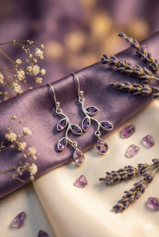 Natural Amethyst Cabochon Drop Earrings – 925 Sterling Silver Vintage Teardrop