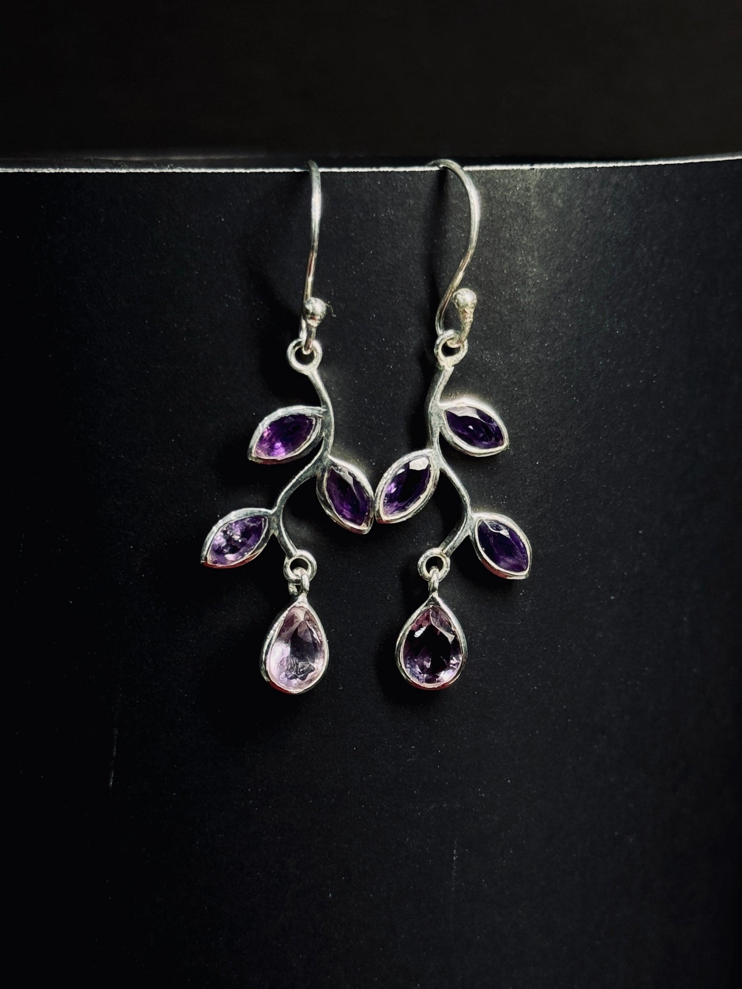 Natural Amethyst Cabochon Drop Earrings – 925 Sterling Silver Vintage Teardrop