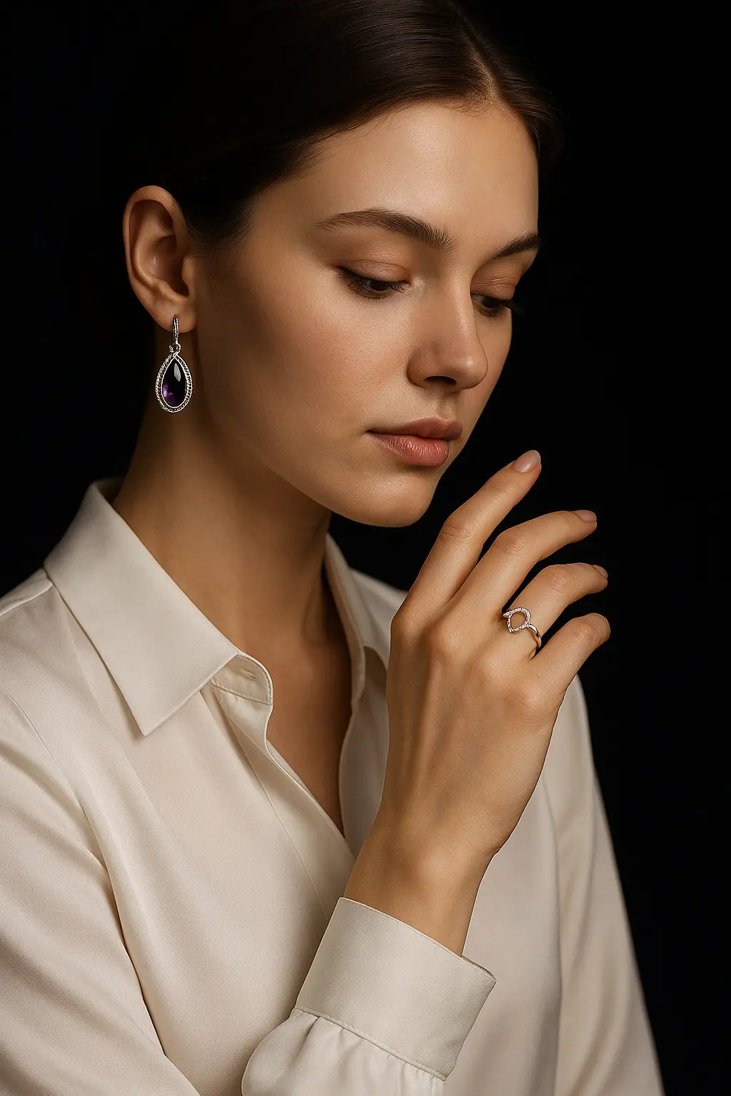 Natural Amethyst Cabochon Earrings – 925 Sterling Silver Teardrop Dangle | Vintage Boho Style