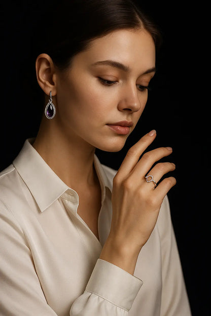 Natural Amethyst Cabochon Earrings – 925 Sterling Silver Teardrop Dangle | Vintage Boho Style