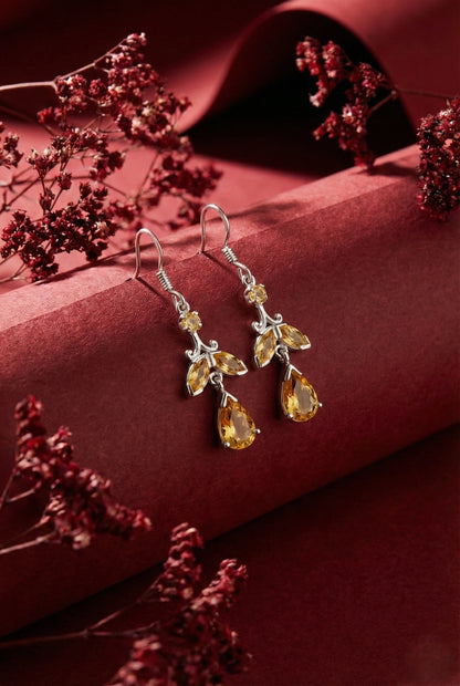 Natural Citrine Floral Drop Earrings – 925 Sterling Silver Leaf & Teardrop Cluster | November Birthstone