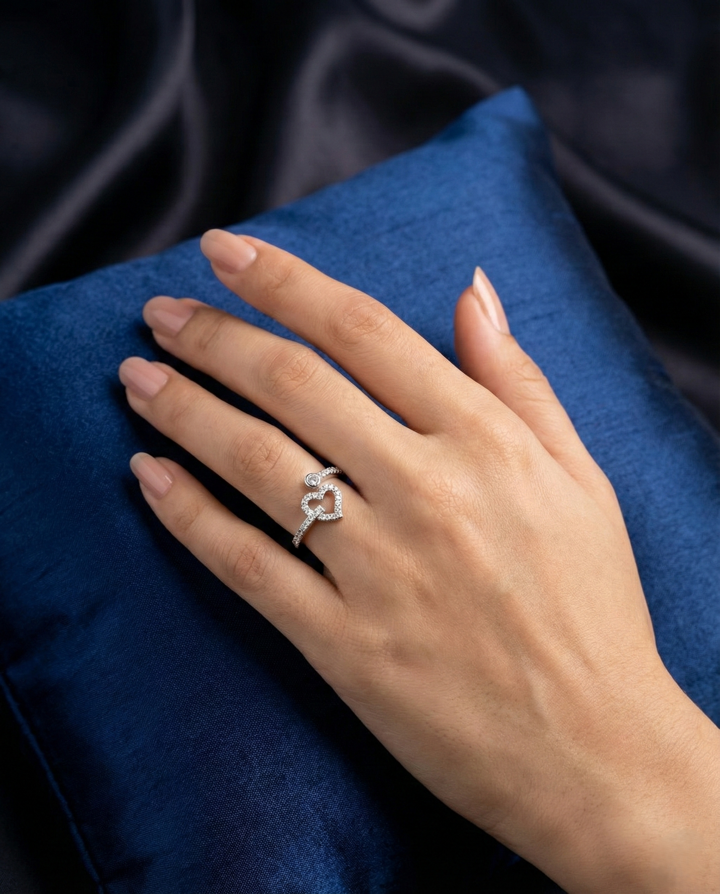 Natural White Topaz Pave Heart Wrap Ring – 925 Sterling Silver Adjustable Toi et Moi