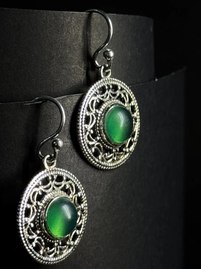 Green Onyx Filigree Earrings – 925 Sterling Silver Round Mandala Dangle | Boho Vintage Style