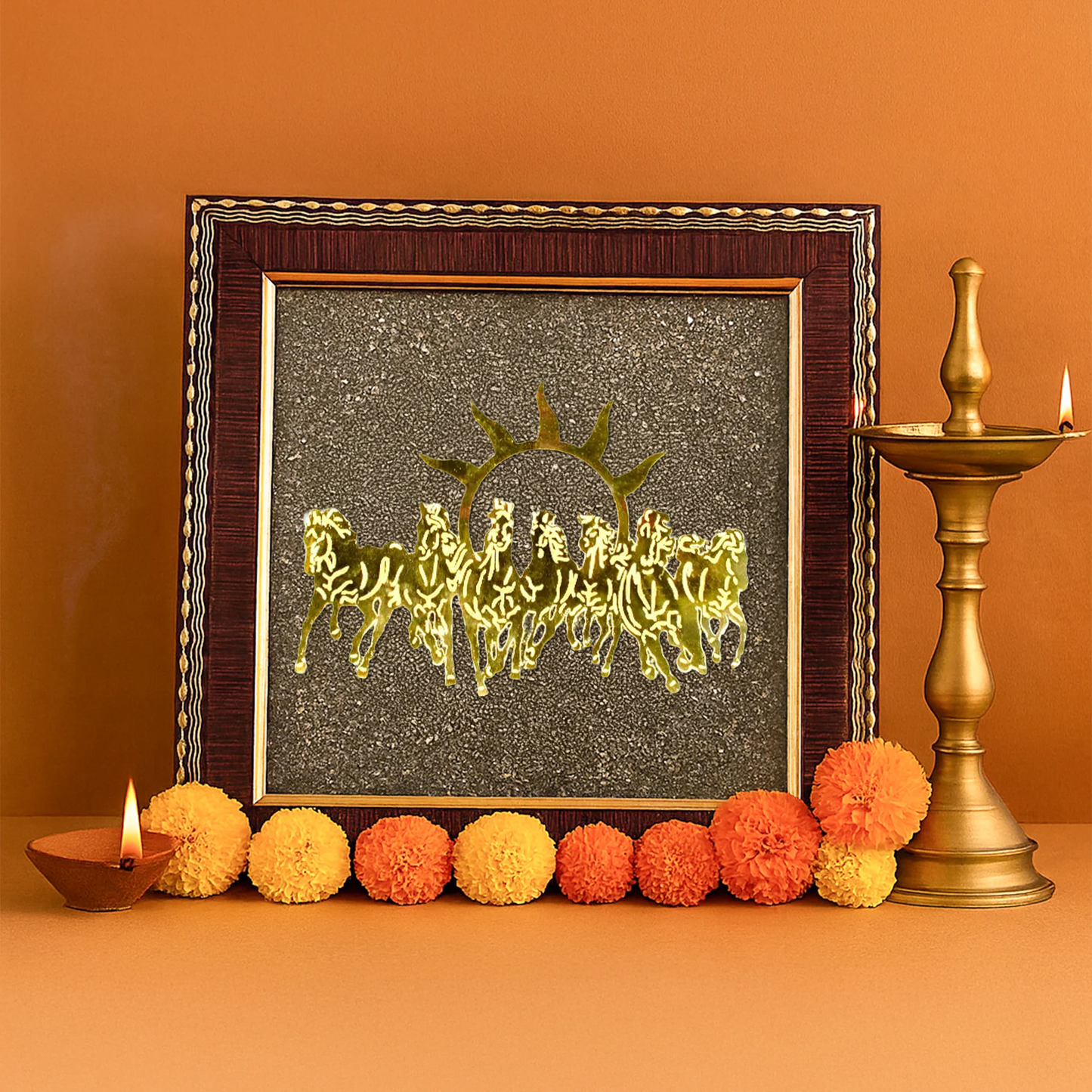 7 Running Horses Pyrite Stone Frame | Vastu Wealth & Success Decor