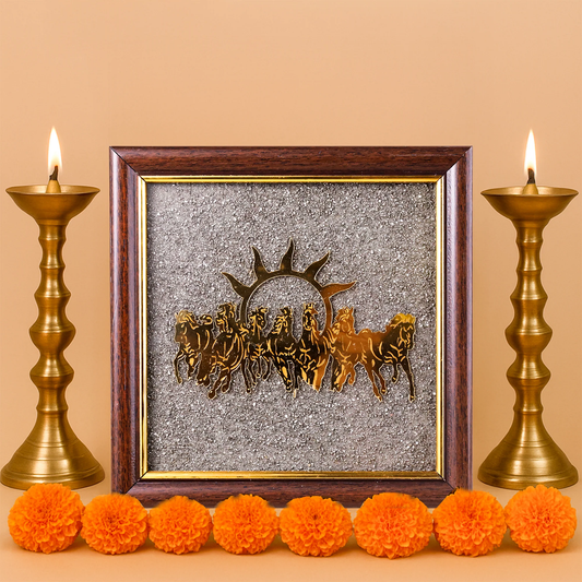 7 Running Horses Pyrite Stone Frame | Vastu Wealth & Success Decor
